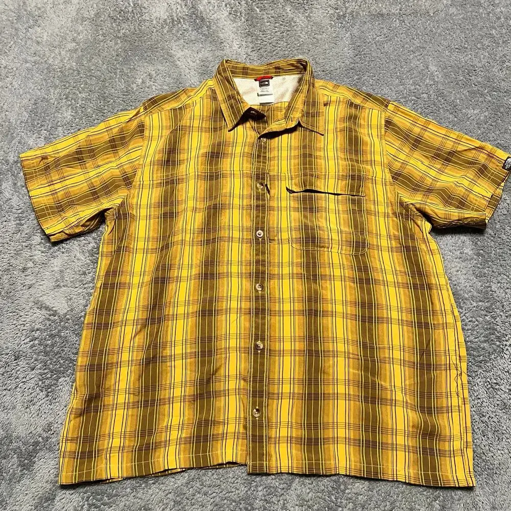 The North Face Shirt Mens XXL Yellow Brown Short Sleeve Performance Button Hike